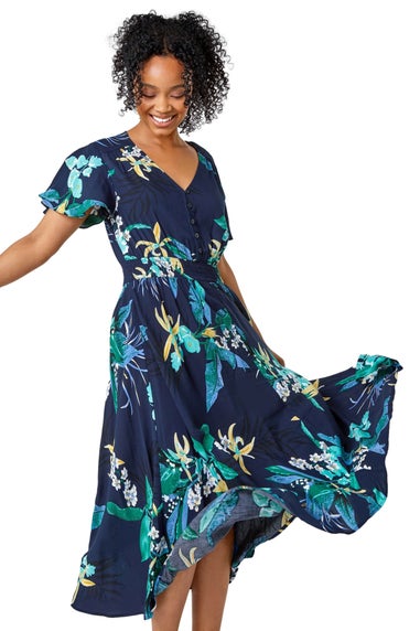 Roman Navy Petite Floral Shirred Midi Dress