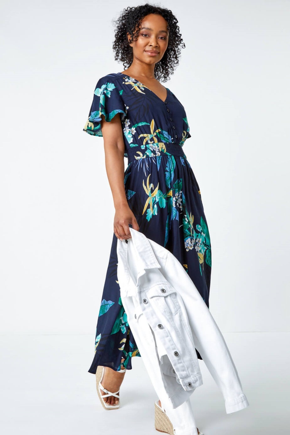 Roman Navy Petite Floral Shirred Midi Dress