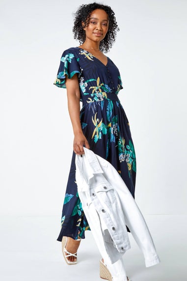 Roman Navy Petite Floral Shirred Midi Dress