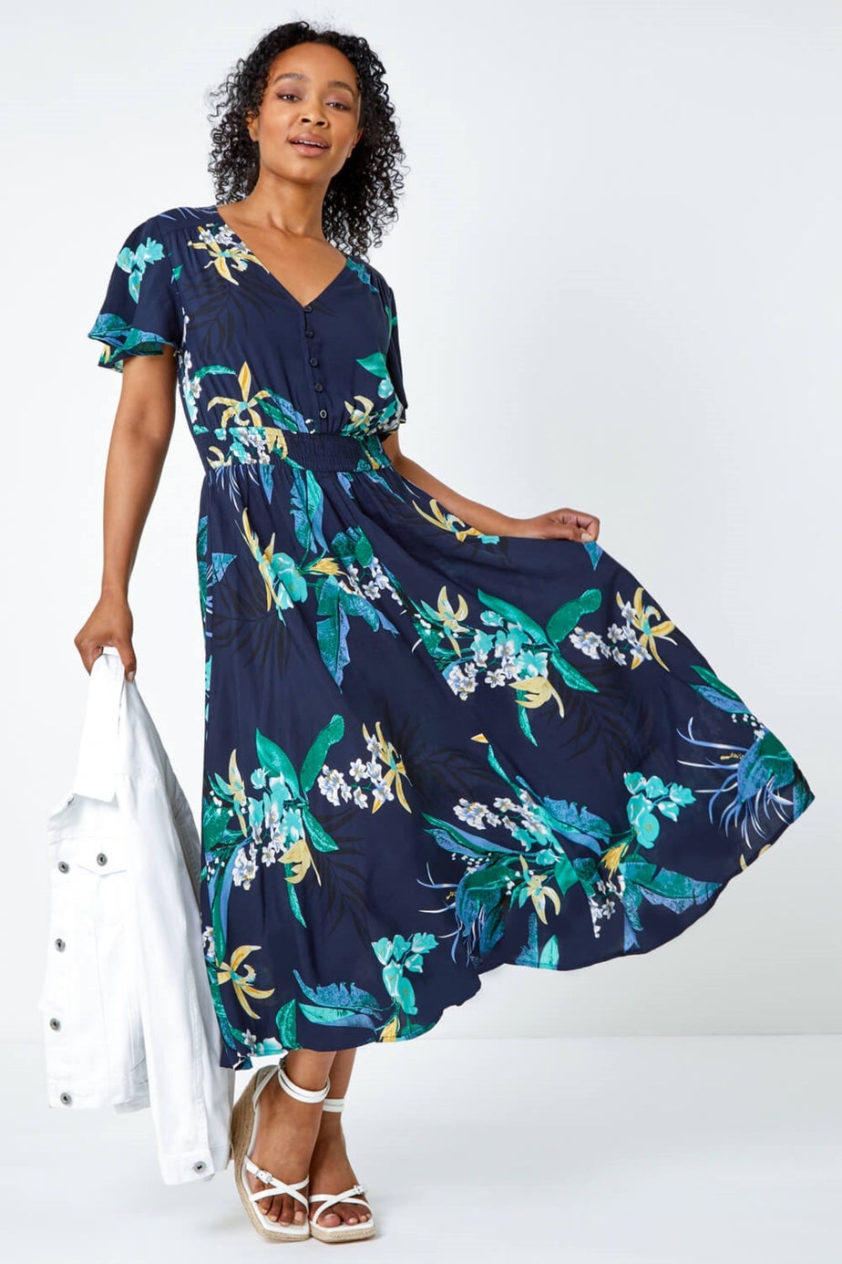 Roman Navy Petite Floral Shirred Midi Dress