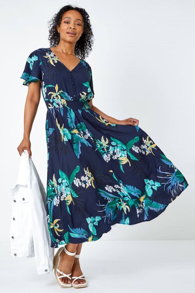 Roman Navy Petite Floral Shirred Midi Dress