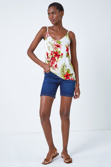 Roman Ivory Tropical Print V-Neck Strap Detail Cami Top