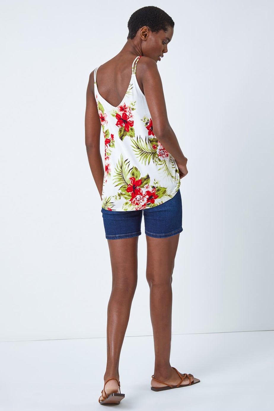 Roman Ivory Tropical Print V-Neck Strap Detail Cami Top