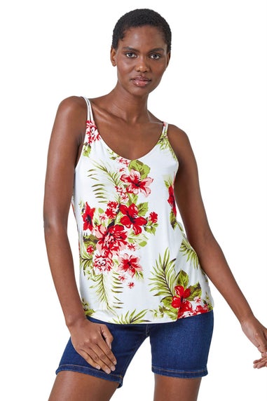 Roman Ivory Tropical Print V-Neck Strap Detail Cami Top