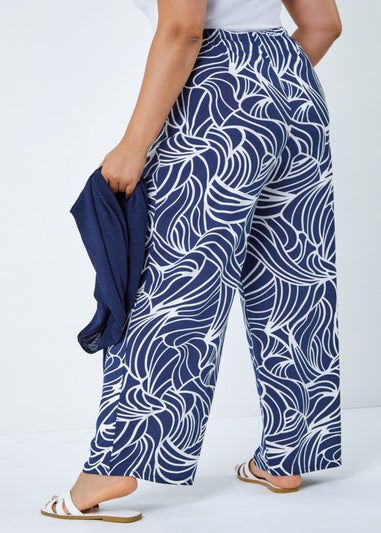 Roman Navy Curve Linear Print Palazzo Trousers