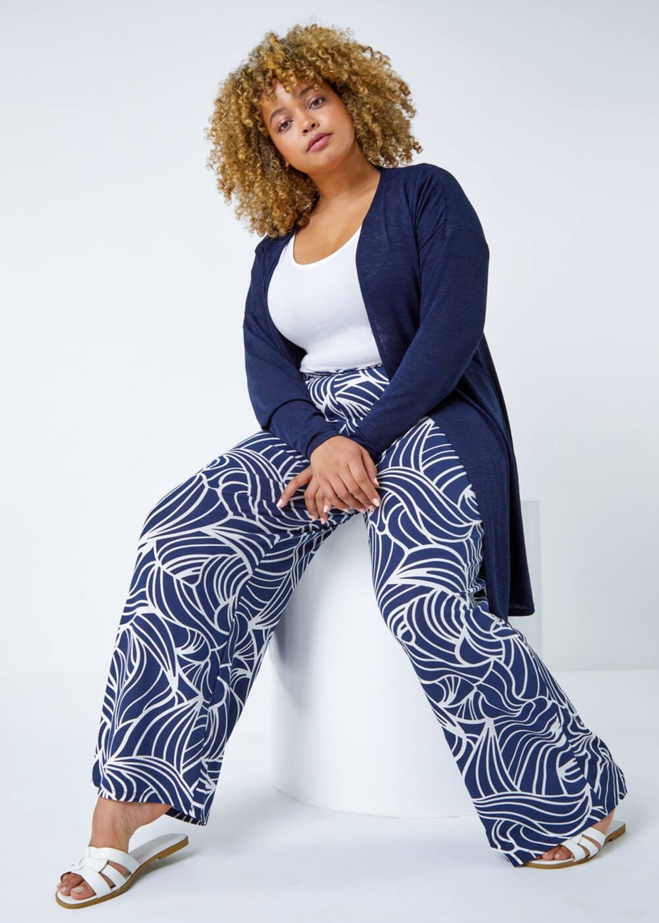 Roman Navy Curve Linear Print Palazzo Trousers