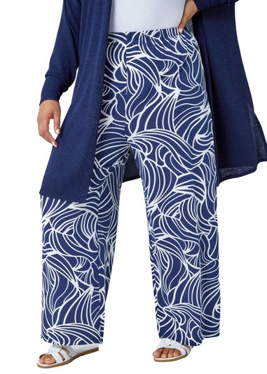 Roman Navy Curve Linear Print Palazzo Trousers