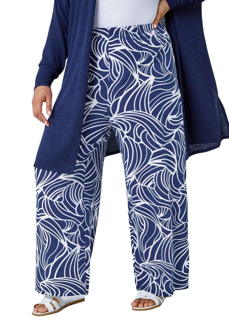 Roman Navy Curve Linear Print Palazzo Trousers