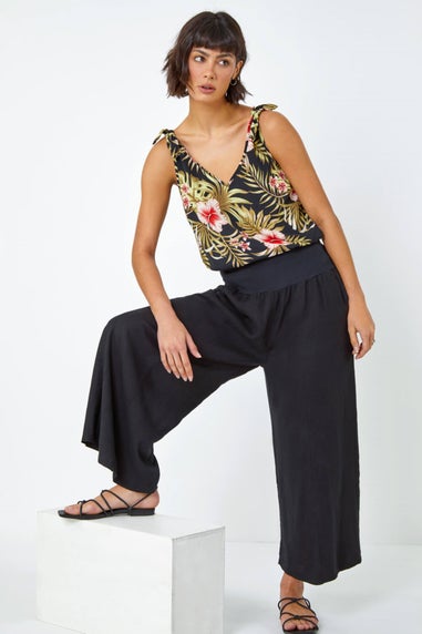 Roman Black Linen Blend Stretch Waist Culottes