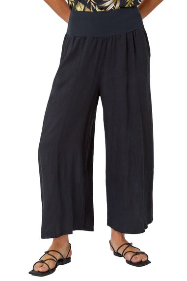 Roman Black Linen Blend Stretch Waist Culottes