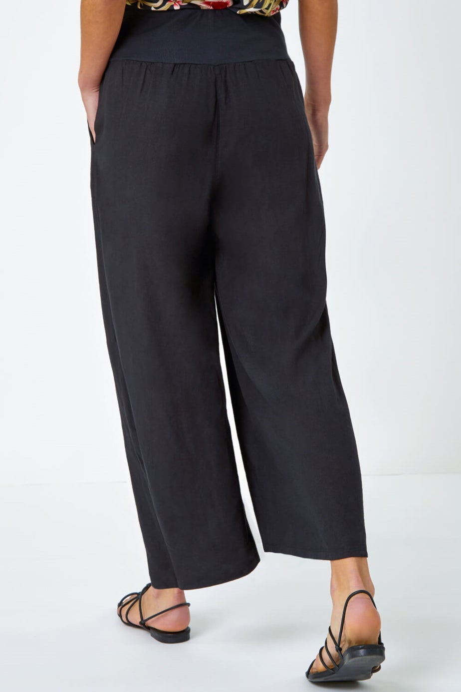 Roman Black Linen Blend Stretch Waist Culottes