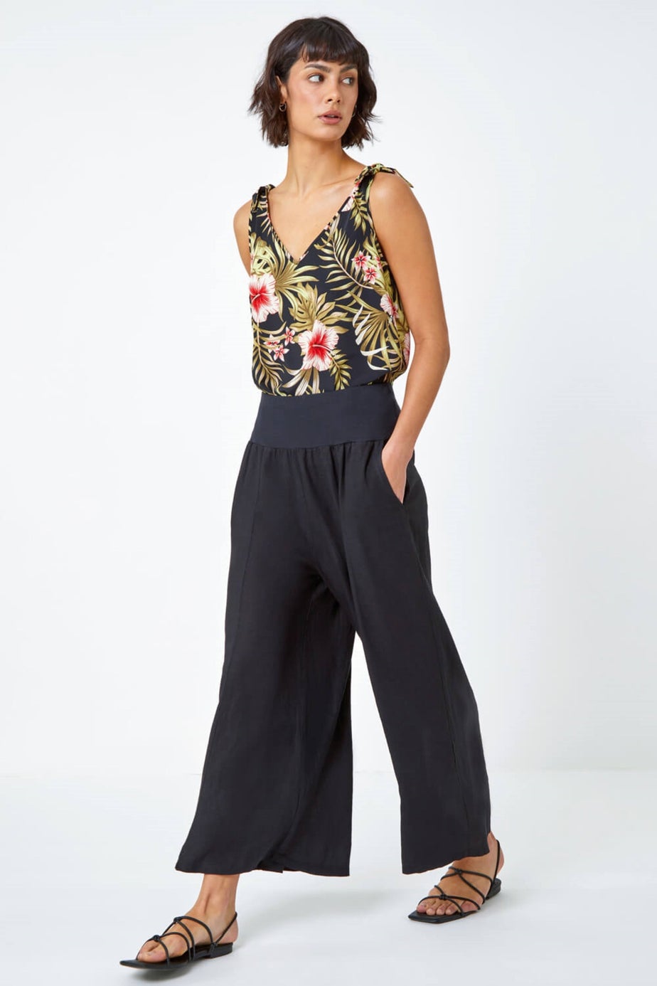 Roman Black Linen Blend Stretch Waist Culottes