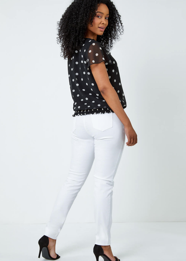 Roman Black Petite Polka Dot Print Frill Top