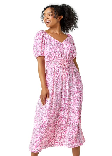 Roman Pink Petite Ditsy Floral Stretch Midi Dress