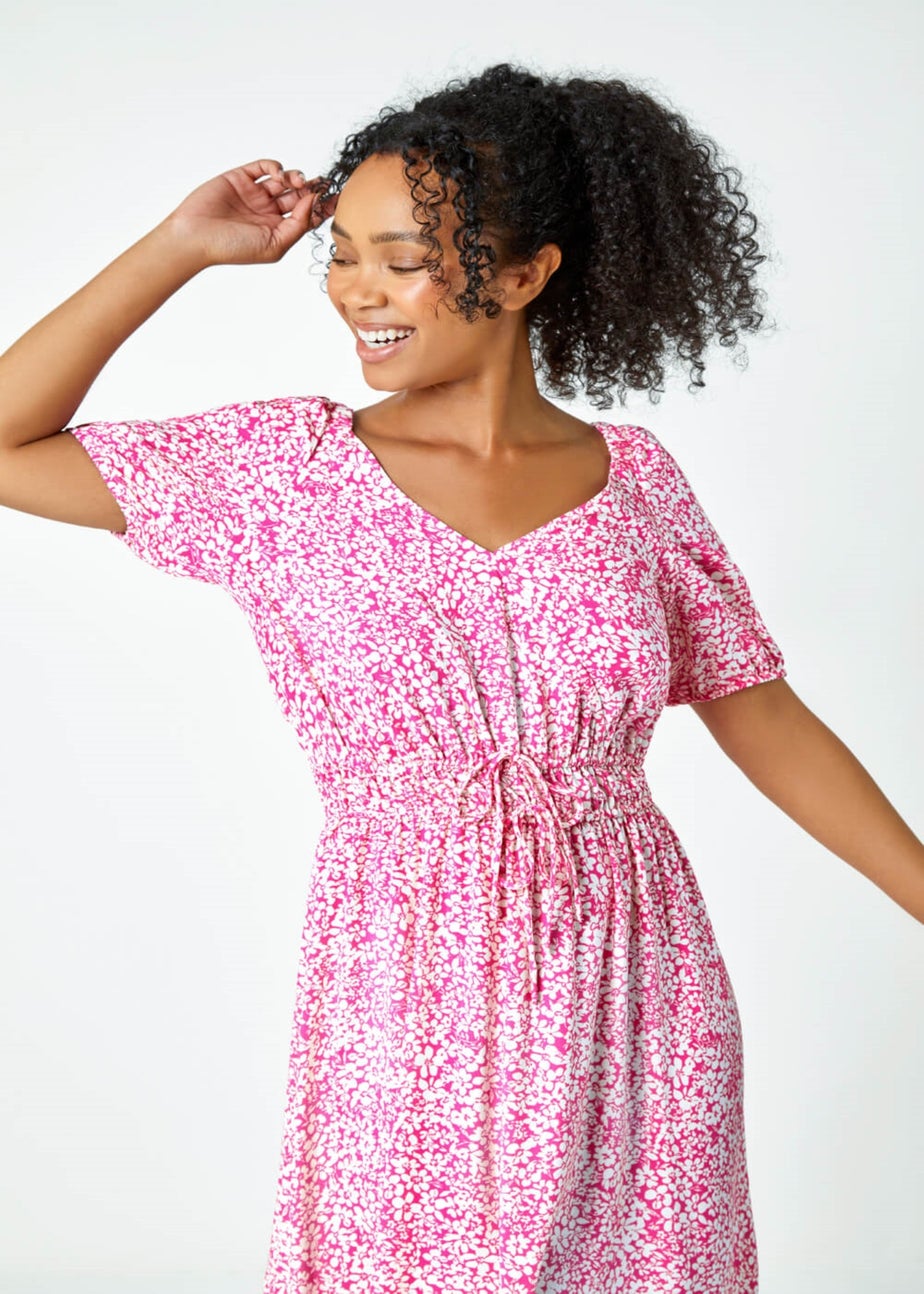 Roman Pink Petite Ditsy Floral Stretch Midi Dress