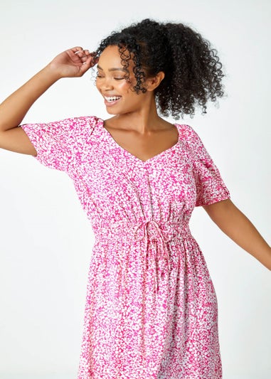 Roman Pink Petite Ditsy Floral Stretch Midi Dress