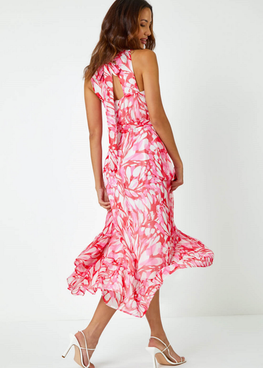 Roman Pink Halterneck Butterfly Chiffon Asymmetric Dress