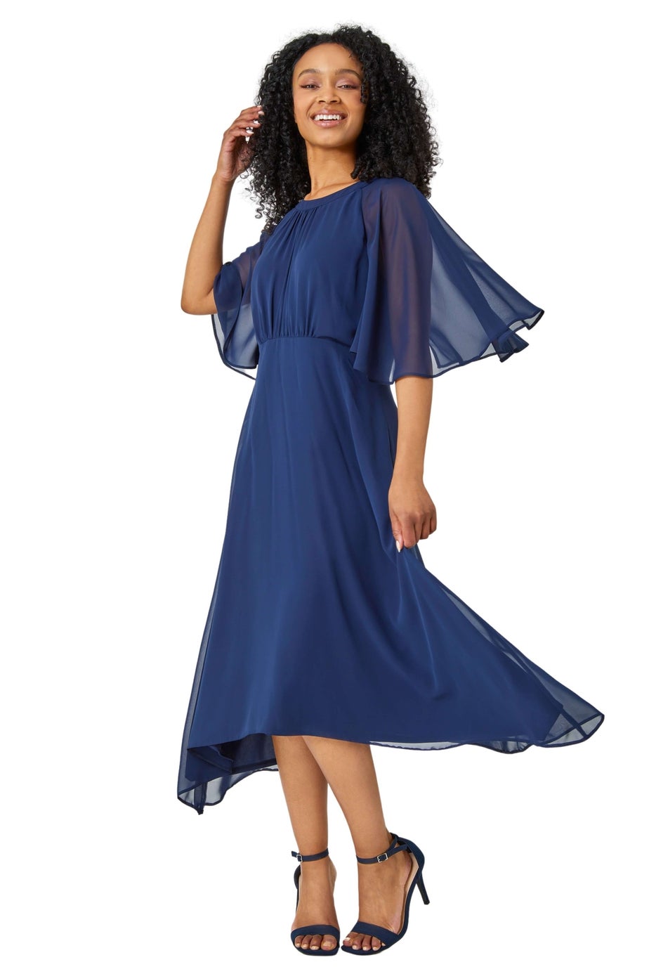 Roman Navy Petite Chiffon Cape Midi Dress