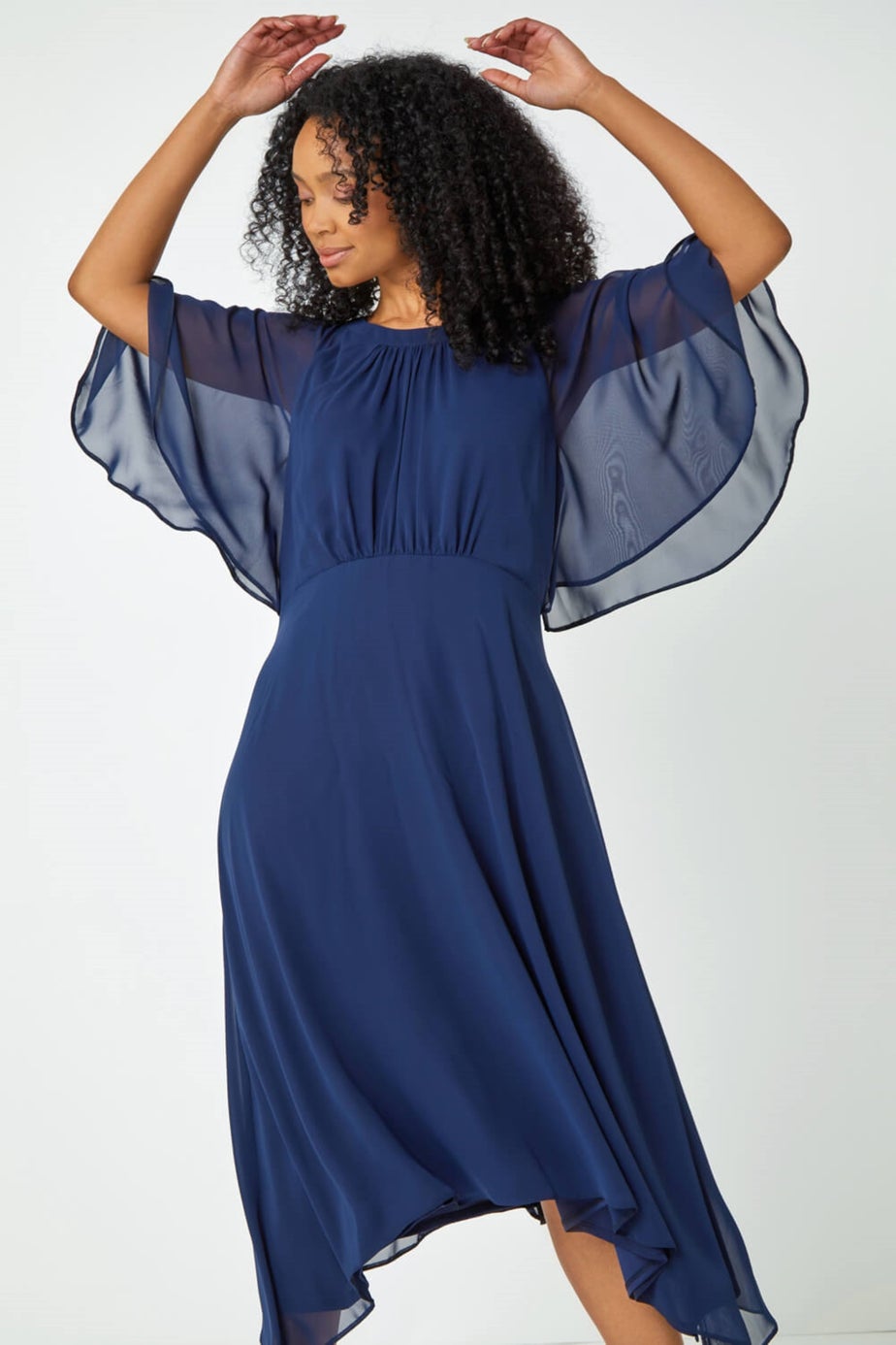 Roman Navy Petite Chiffon Cape Midi Dress