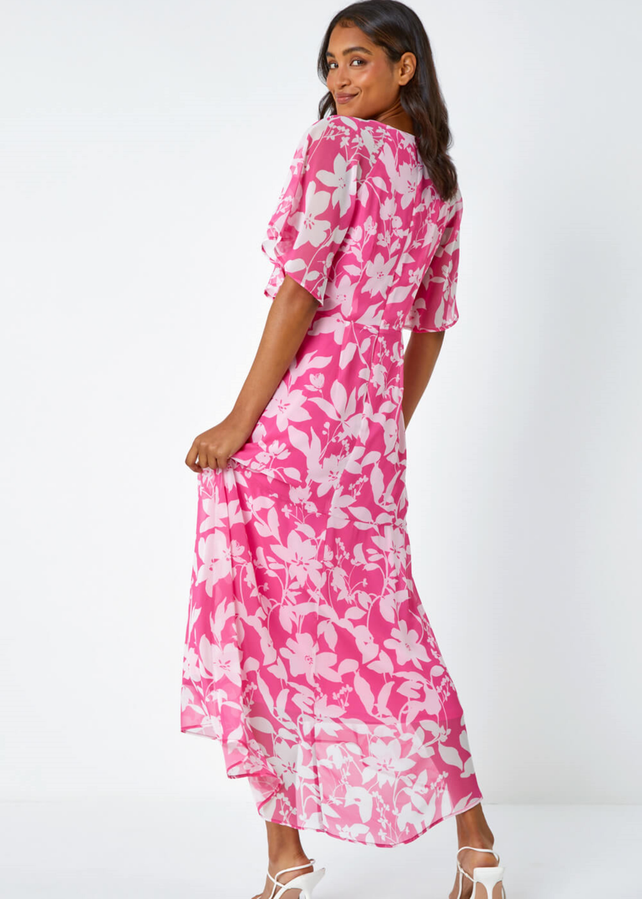 Roman Pink Floral Frill Detail Chiffon Midi Dress