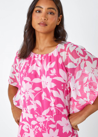 Roman Pink Floral Frill Detail Chiffon Midi Dress