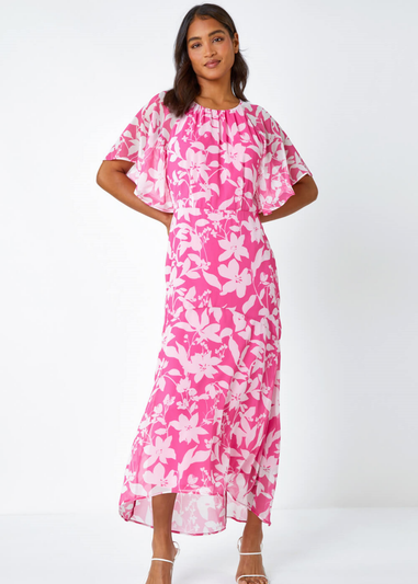 Roman Pink Floral Frill Detail Chiffon Midi Dress
