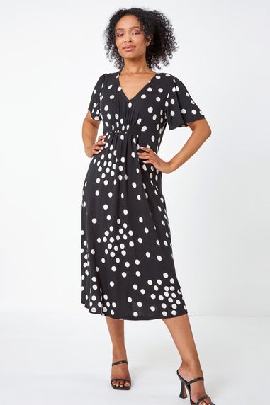 Roman Black Petite Polka Dot Stretch Midi Dress