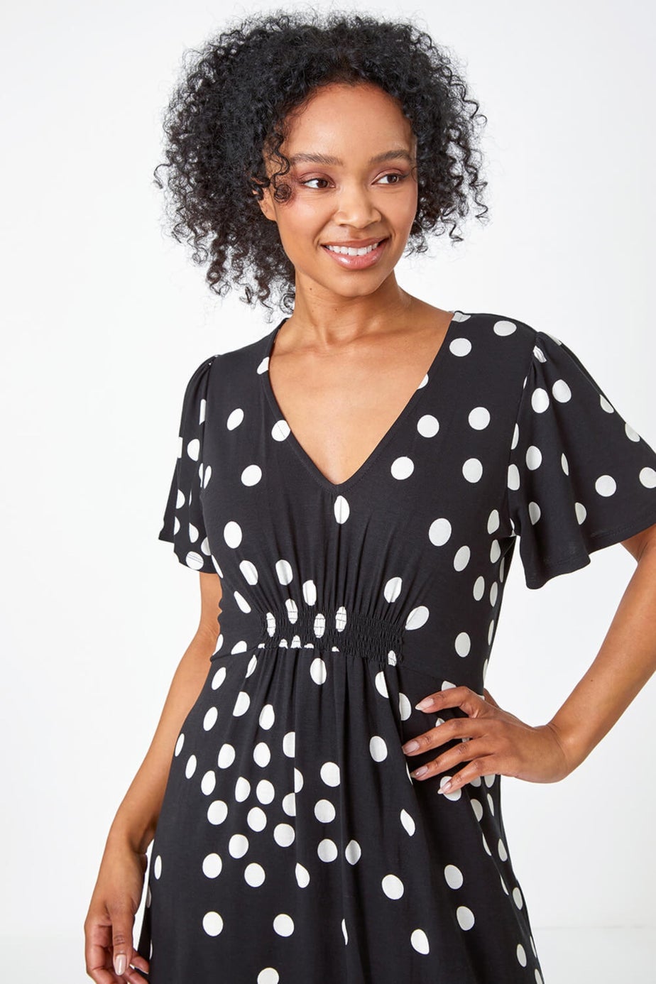 Roman Black Petite Polka Dot Stretch Midi Dress