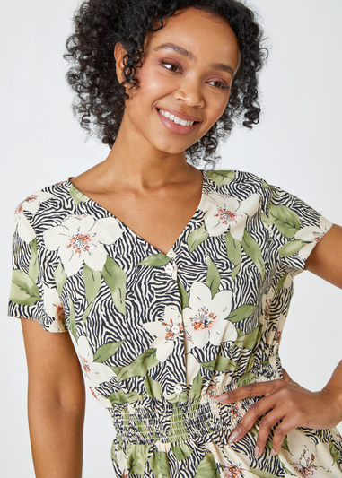 Roman Khaki Petite Floral Print Midi Dress