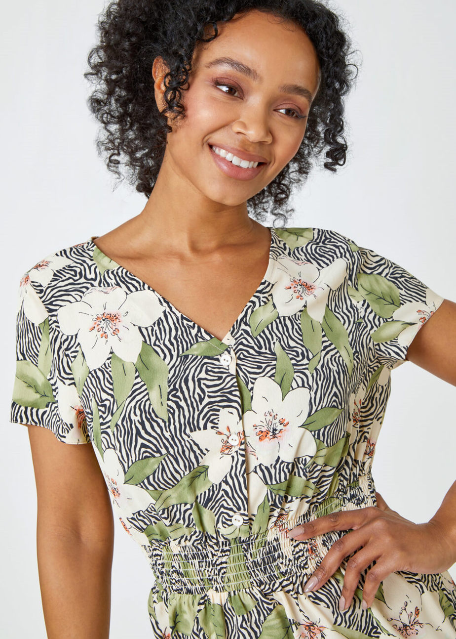 Roman Khaki Petite Floral Print Midi Dress