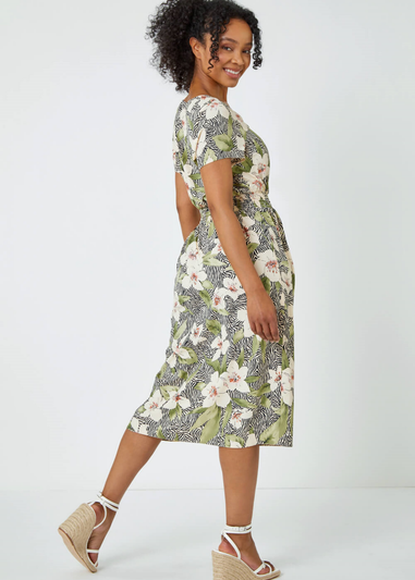Roman Khaki Petite Floral Print Midi Dress