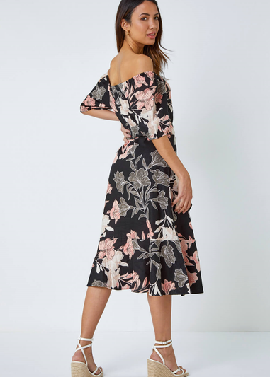 Roman Black Floral Linen Blend Bardot Midi Dress