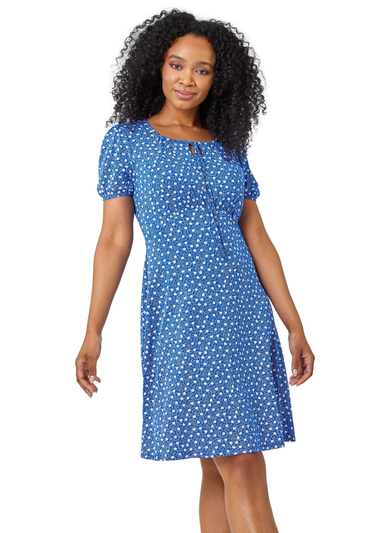 Roman Royal Blue Petite Ditsy Floral Tie Neck Dress