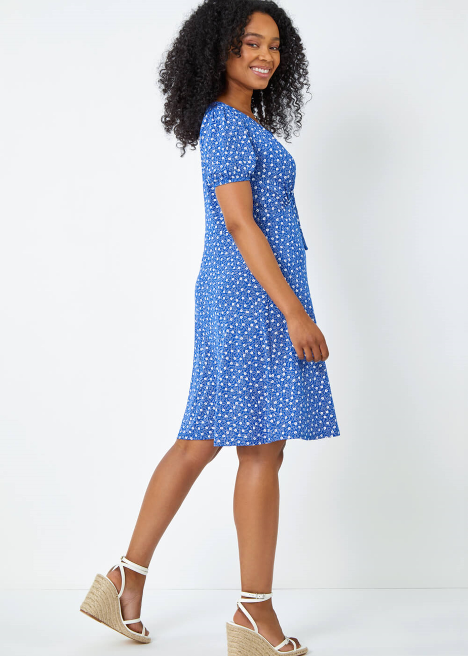 Roman Royal Blue Petite Ditsy Floral Tie Neck Dress