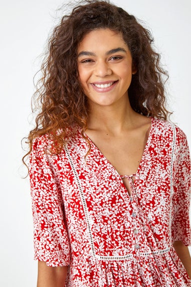 Roman Red Ditsy Floral Tie Smock Top