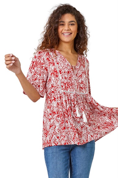 Roman Red Ditsy Floral Tie Smock Top