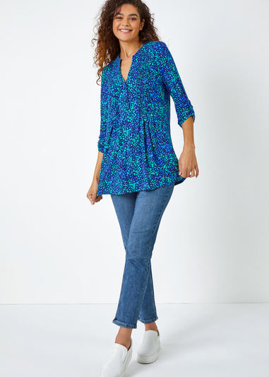 Roman Blue Abstract Spot V-Neck Pintuck Jersey Tunic Top