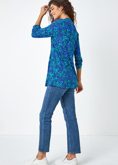 Roman Blue Abstract Spot V-Neck Pintuck Jersey Tunic Top
