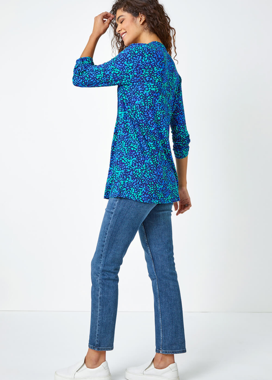 Roman Blue Abstract Spot V-Neck Pintuck Jersey Tunic Top
