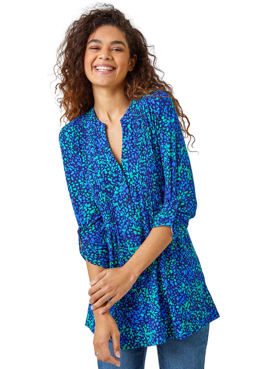 Roman Blue Abstract Spot V-Neck Pintuck Jersey Tunic Top