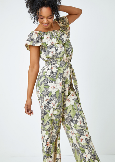 Roman Khaki Petite Floral Print Bardot Jumpsuit