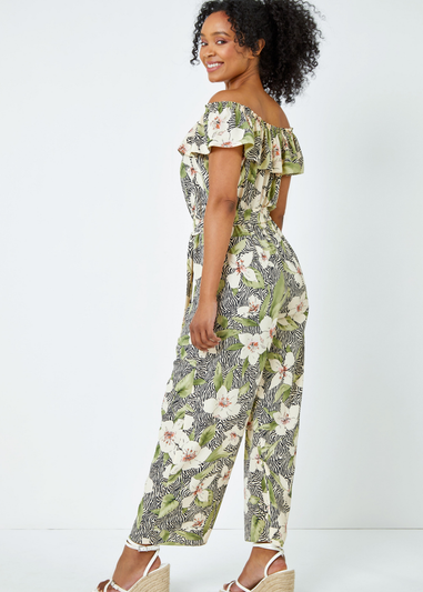 Roman Khaki Petite Floral Print Bardot Jumpsuit