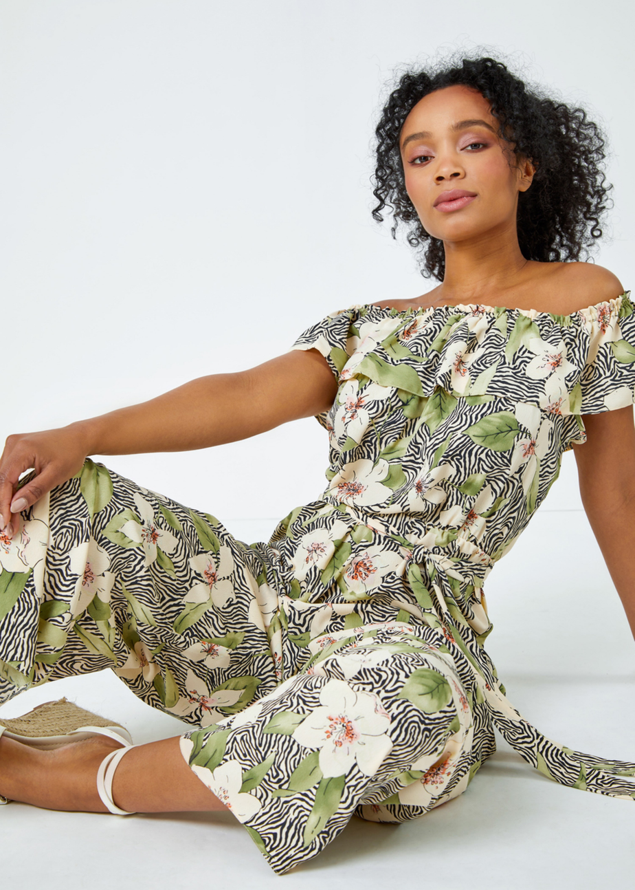 Roman Khaki Petite Floral Print Bardot Jumpsuit