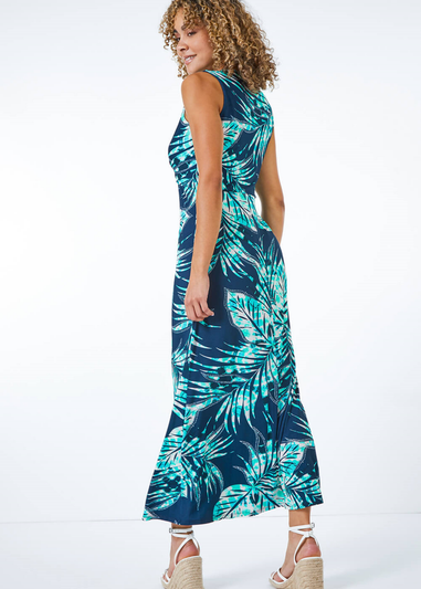 Roman Blue Petite Palm Print Twist Front Maxi Dress