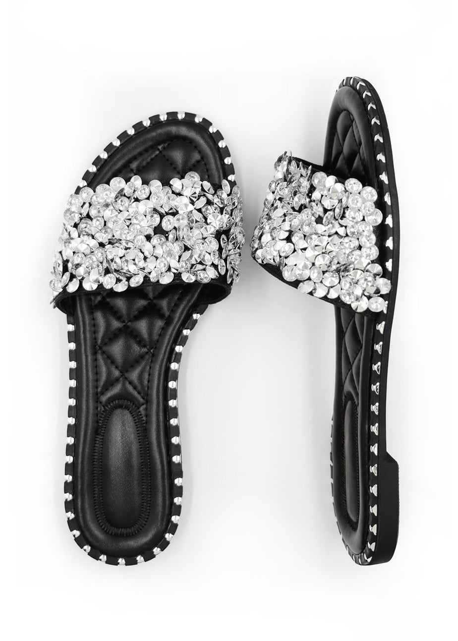 Where's That From Black Poppy Wide Fit PU Diamante Sliders