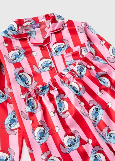 Disney Girls Pink Christmas Stitch Satin Pyjama Set (4-13yrs)