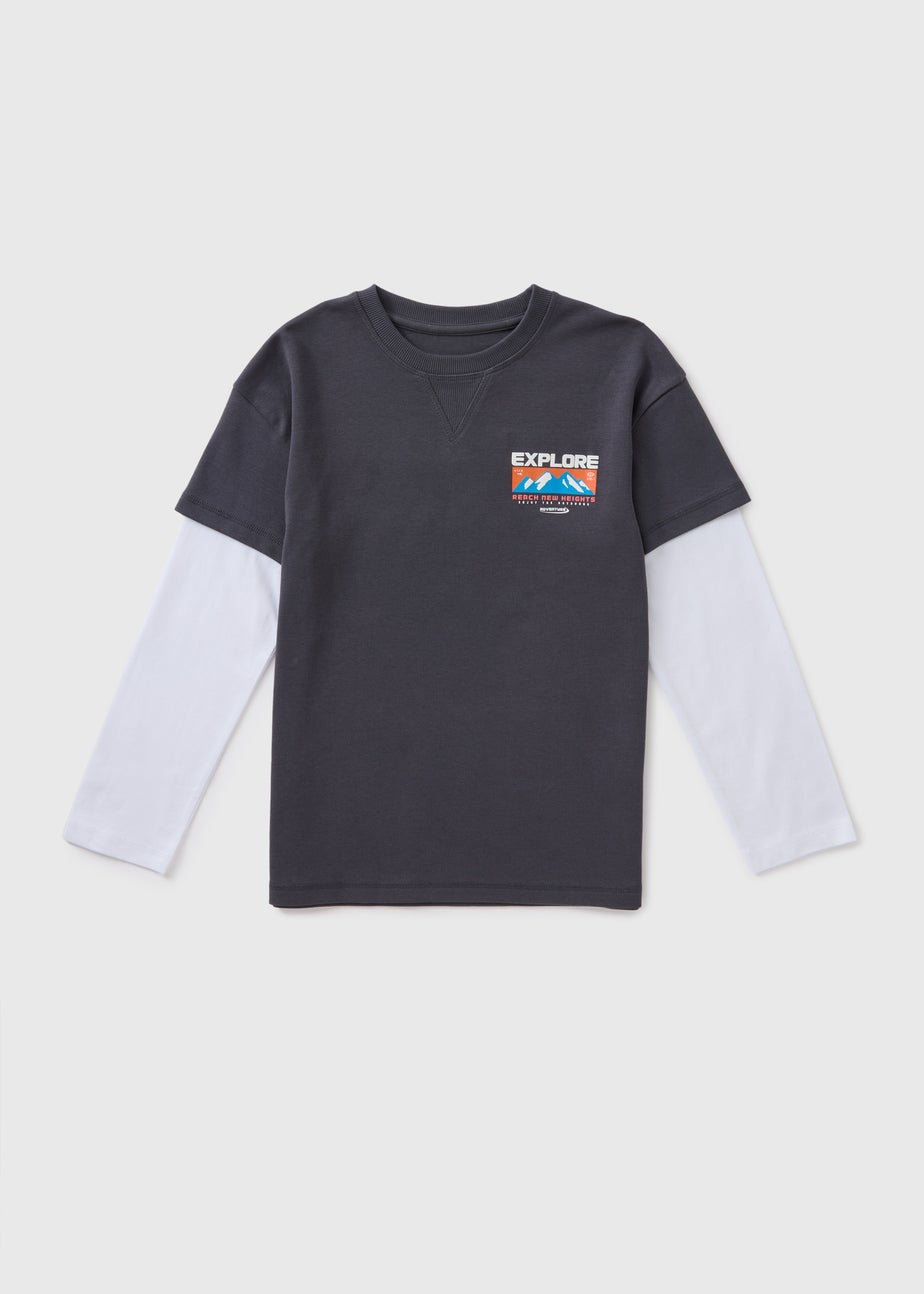 Boys Grey Mountain Print Mock Sleeve T-Shirt (7-15yrs)