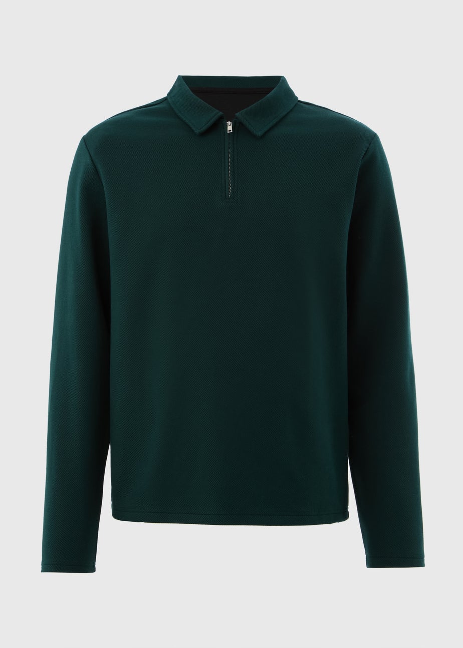 Green Textured Zip Collar Polo Shirt