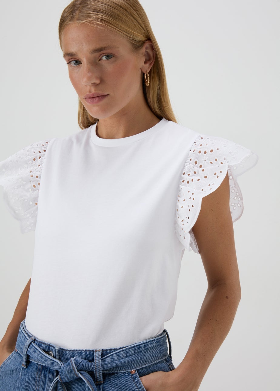 White Broderie Sleeve T- Shirt