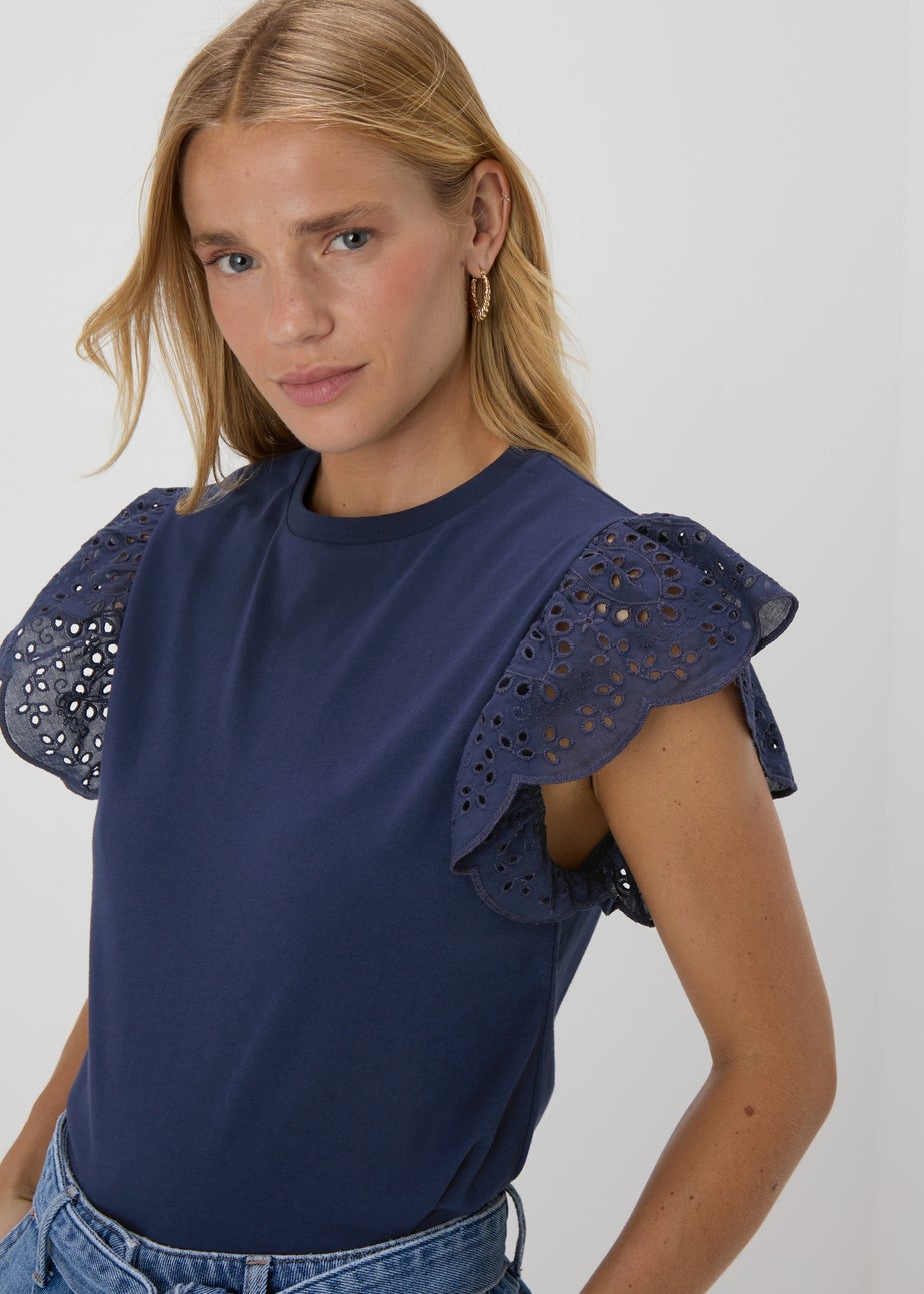 Navy Broderie Sleeve T-Shirt